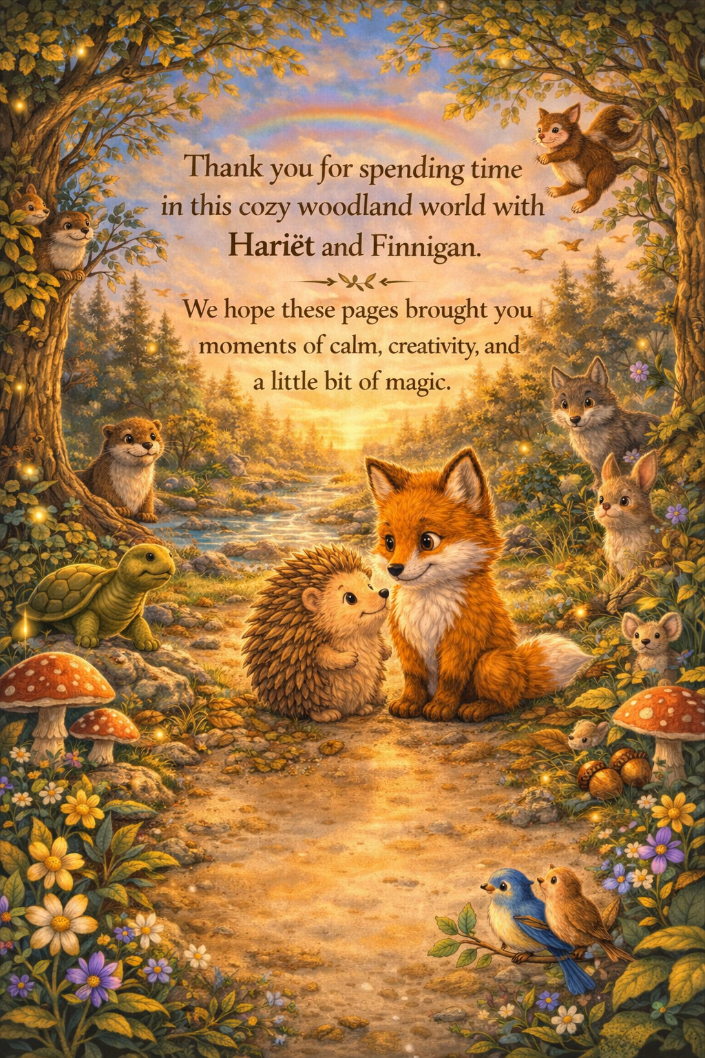 Sample pages from the Hariët the Hedgehog and Finnigan the Fox colouring book PDF