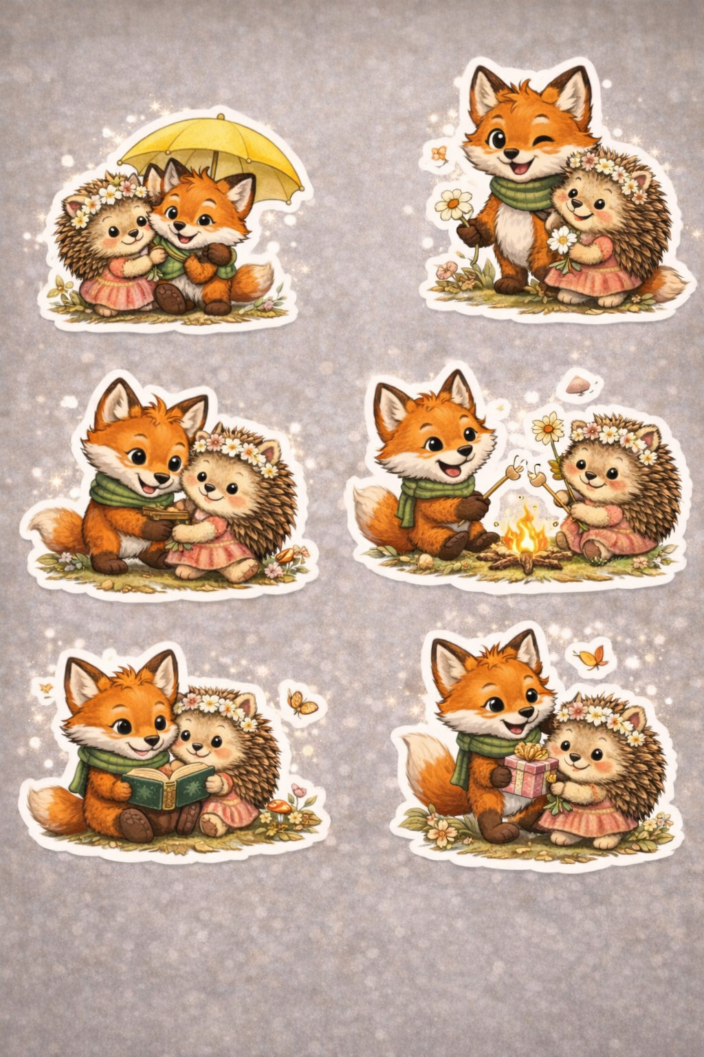 Printable sticker sheet featuring Hariët the Hedgehog and Finnigan the Fox woodland characters
