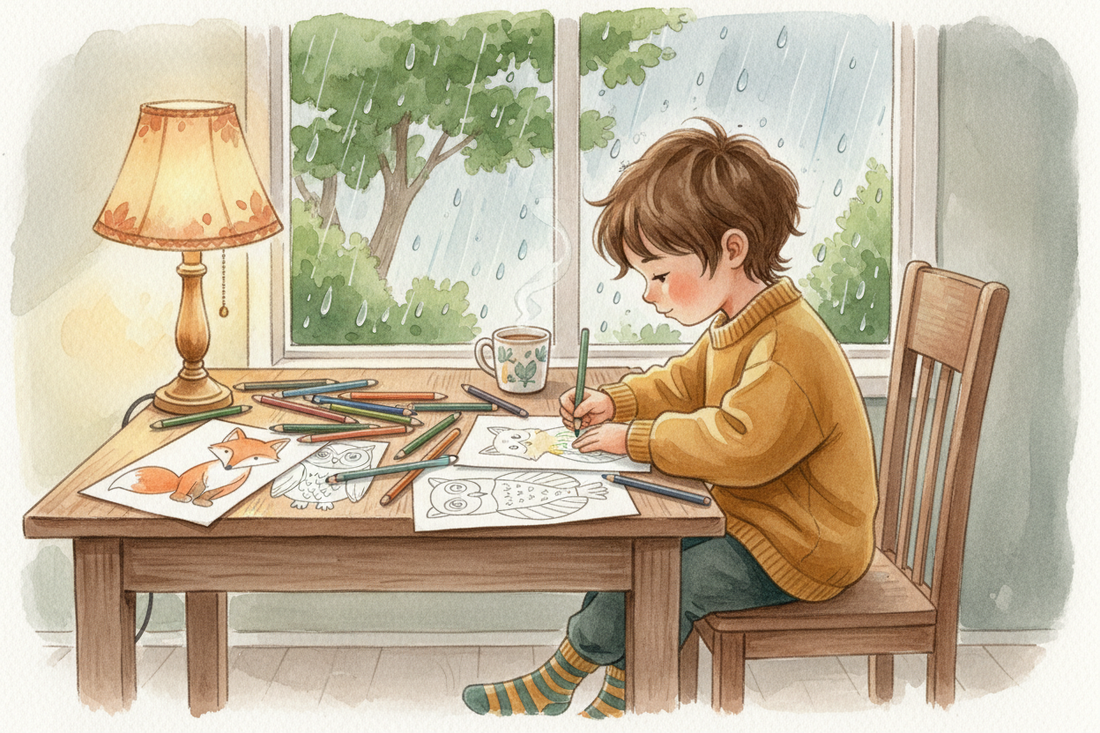 A child colouring woodland animal printables at a table by a rain-streaked window, with coloured pencils scattered around in warm indoor light