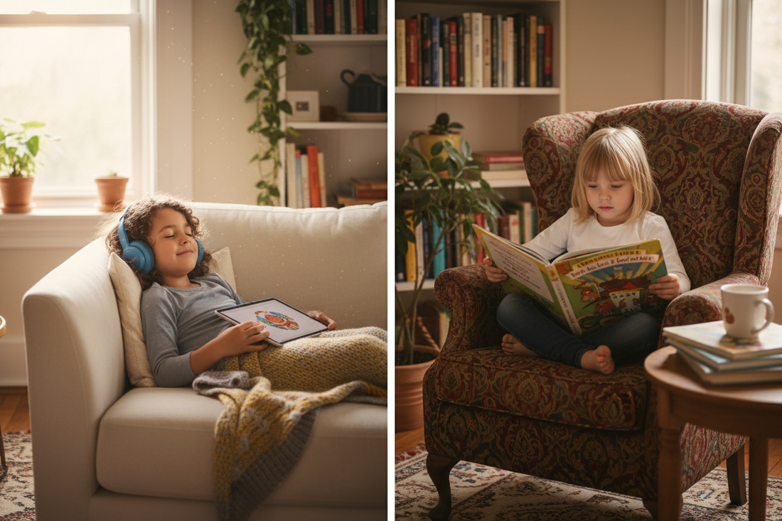 A split scene of a child listening to an audiobook with headphones and a child reading a physical picture book