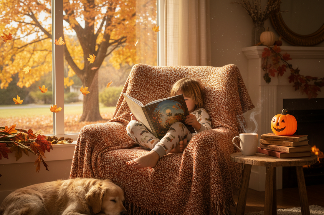 A child curled up with a blanket and storybook by a window as autumn leaves fall outside
