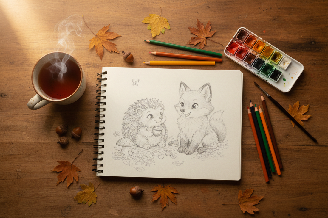 A creative workspace flat-lay with an open sketchbook of woodland animal drawings, coloured pencils, a watercolour palette, and autumn leaves on a rustic wooden desk
