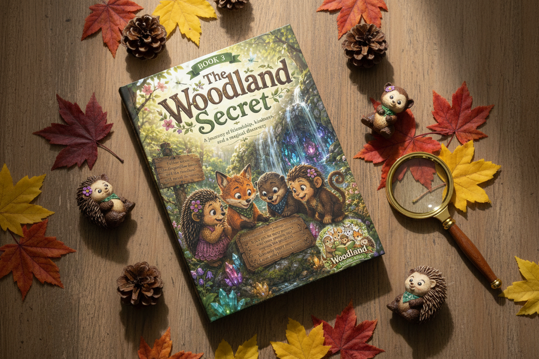 The Woodland Secret children's book by Woodland Wonder Tales displayed as a physical book surrounded by autumn leaves, pinecones, a magnifying glass and woodland figurines on a wooden surface"