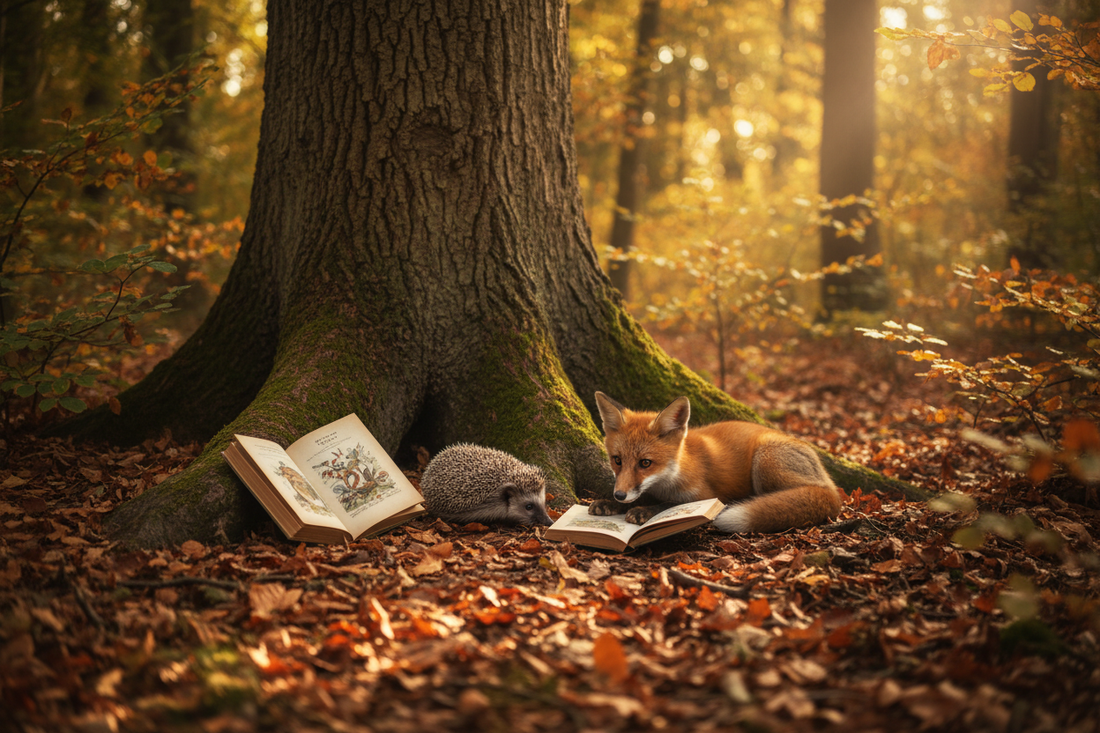 A hedgehog and fox sitting together among autumn leaves in a sunlit forest, with open storybooks resting on the moss-covered ground