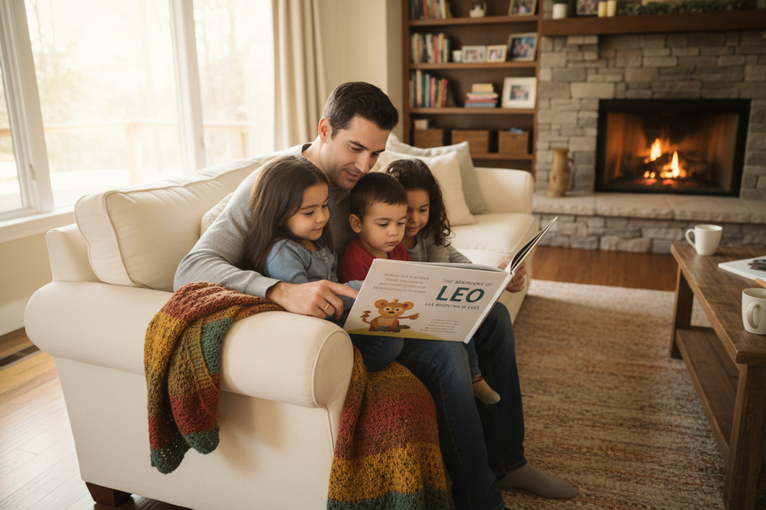 A parent reading a storybook to two children in a warm living room in a bilingual family setting
