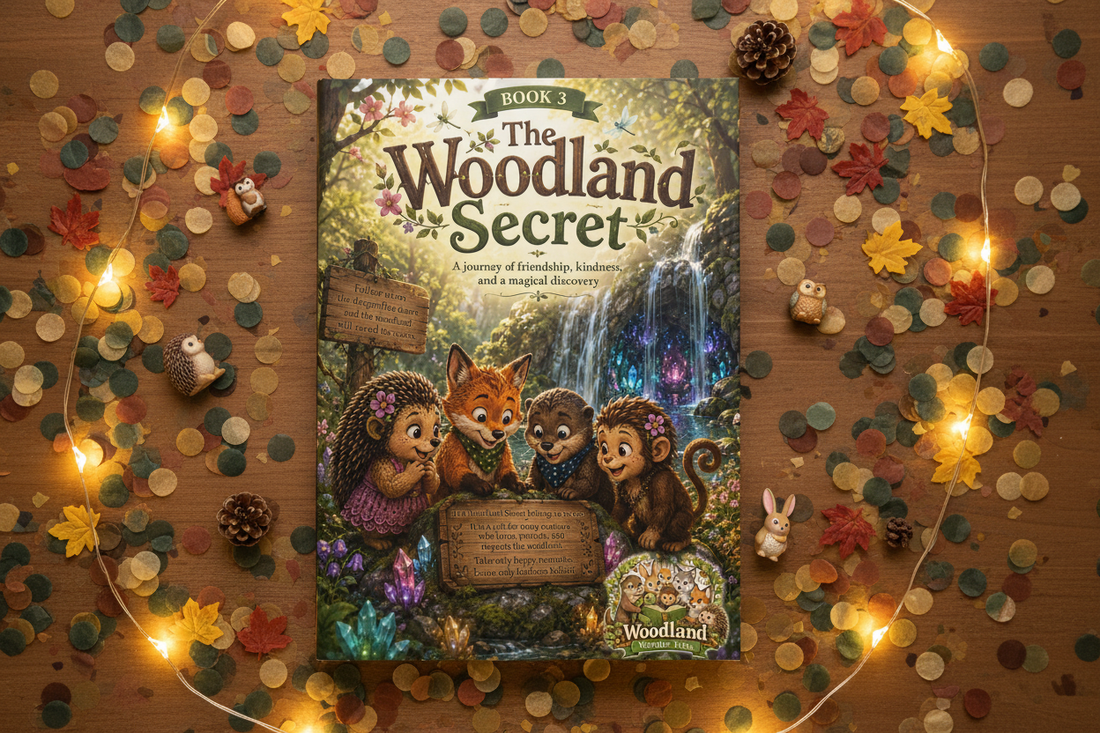 The Woodland Secret children's book by Woodland Wonder Tales displayed in a celebratory flat lay with autumn leaves, pinecones, woodland figurines and fairy lights