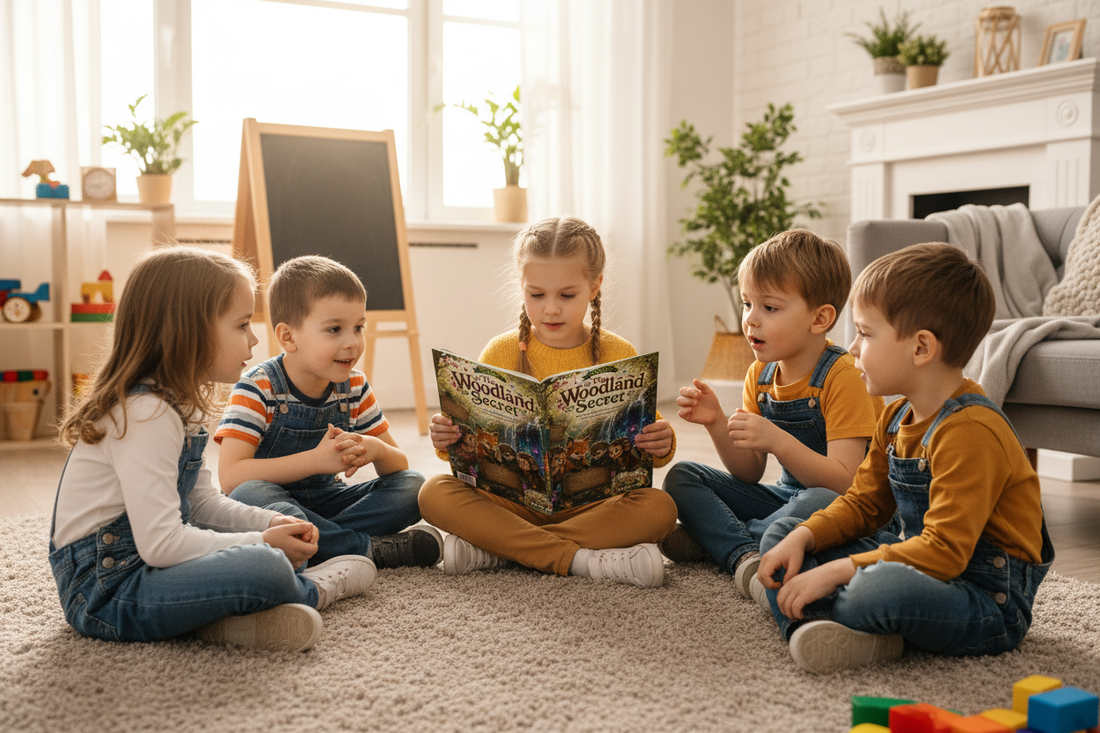 A small group of children discussing Book 3: The Woodland Secret in a book club circle