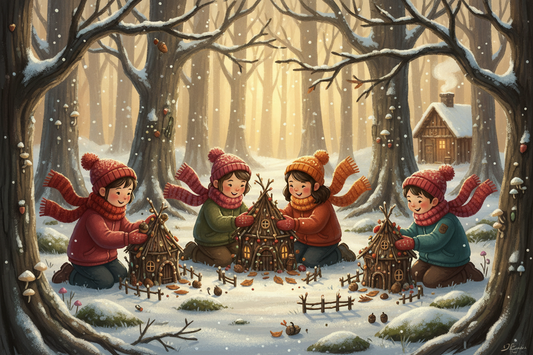 Children exploring woodland nature activities outdoors in winter, surrounded by leaves, sticks, and natural materials