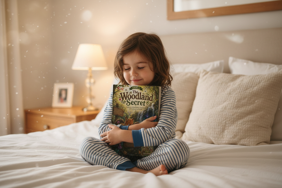 A comforted child hugging Book 3: The Woodland Secret at bedtime