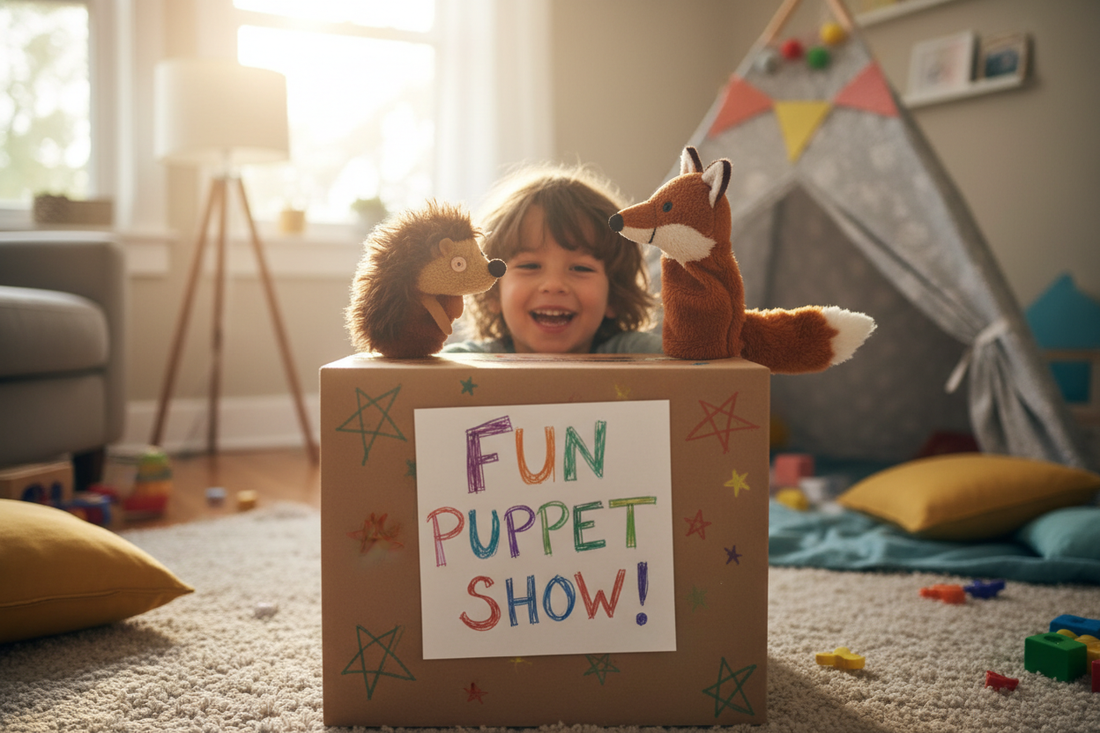 A child performing a homemade sock puppet show with hedgehog and fox puppets