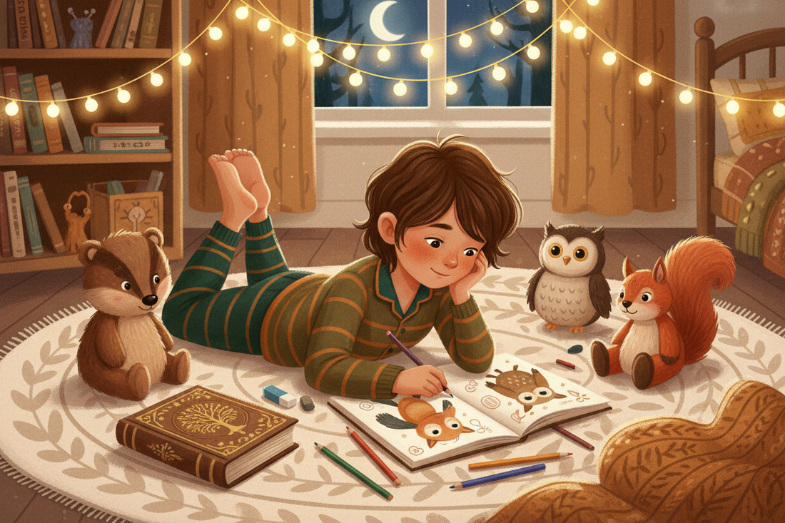 A child lying on a cosy rug drawing woodland characters in a sketchbook after story time, with a closed storybook, soft toys, and fairy lights nearby