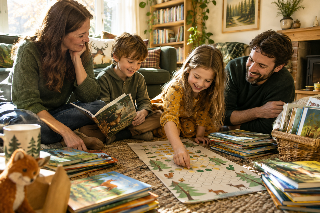 Family choosing books together for a playful reading challenge