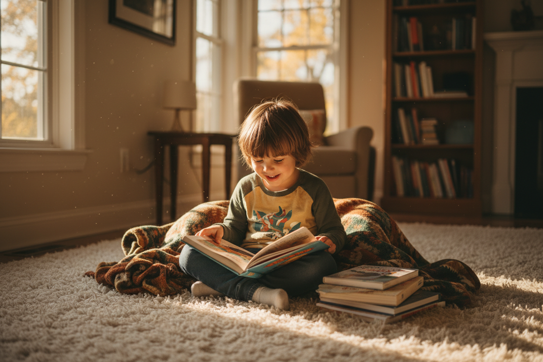 A child sitting cross-legged in a cozy, sunlit reading nook, happily reading their first chapter book