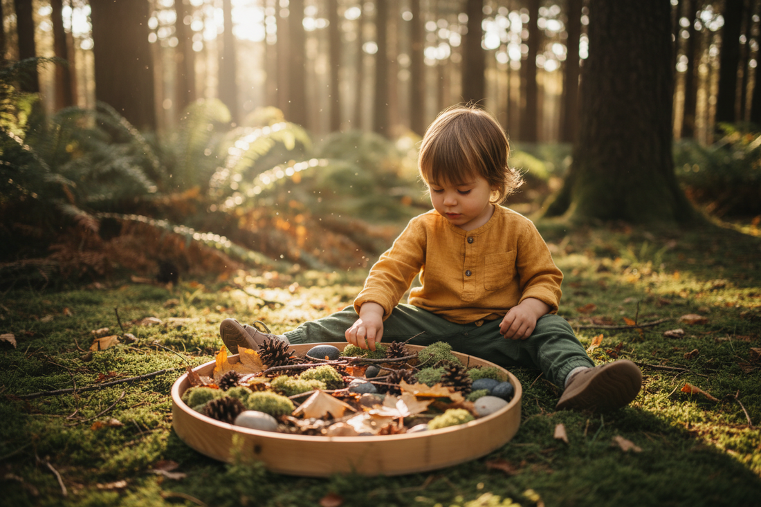 Young child sitting on a forest floor exploring a woodland sensory play tray filled with pinecones, leaves, moss, sticks and stones