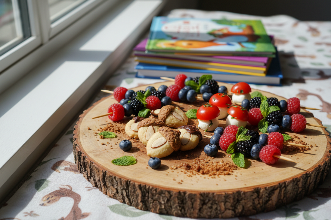 Woodland-themed snacks including acorn cookies, mushroom cheese bites, and berry skewers on a wooden board