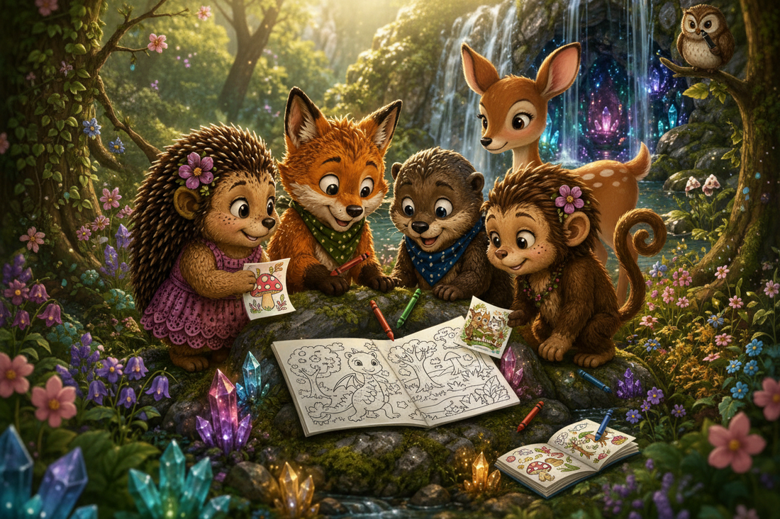 Cute woodland animal characters from Woodland Wonder Tales surrounded by colouring pages and crayons in a magical forest setting