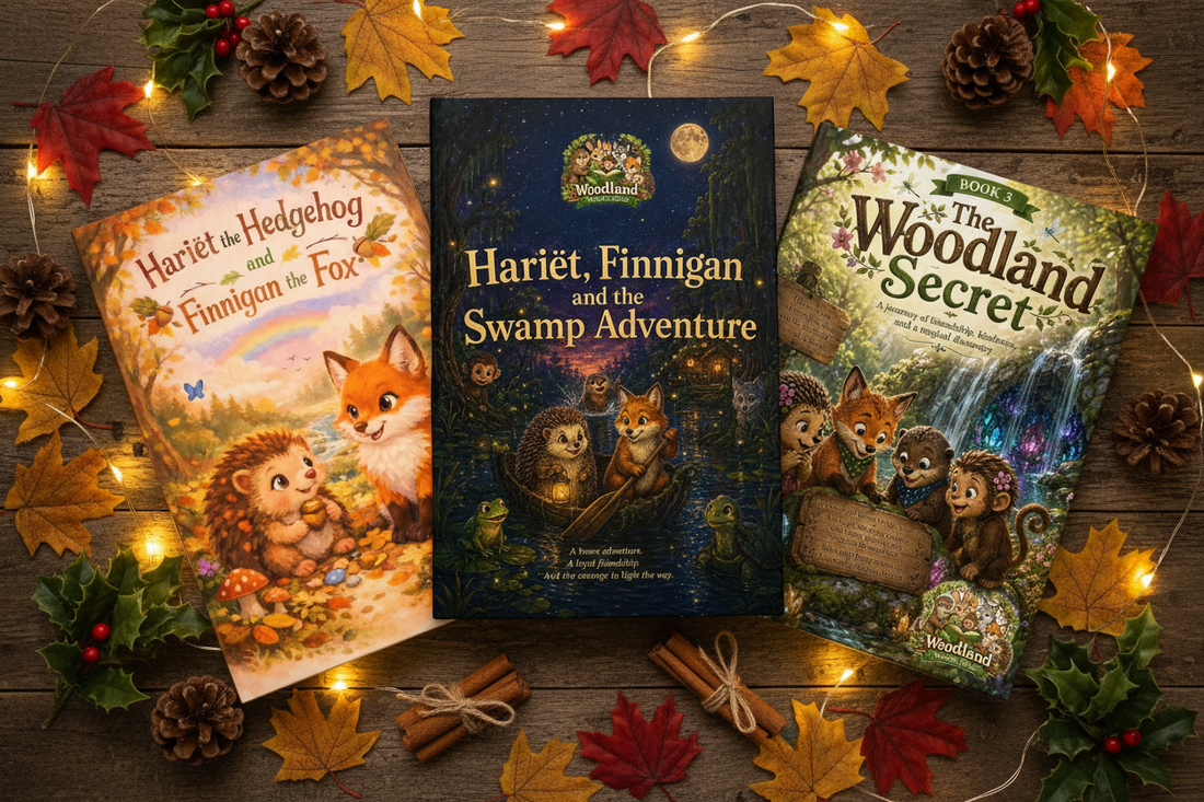 The three Woodland Wonder Tales books — Hariët the Hedgehog and Finnigan the Fox, The Swamp Adventure, and The Woodland Secret — arranged as holiday gifts with pine cones, holly and fairy lights