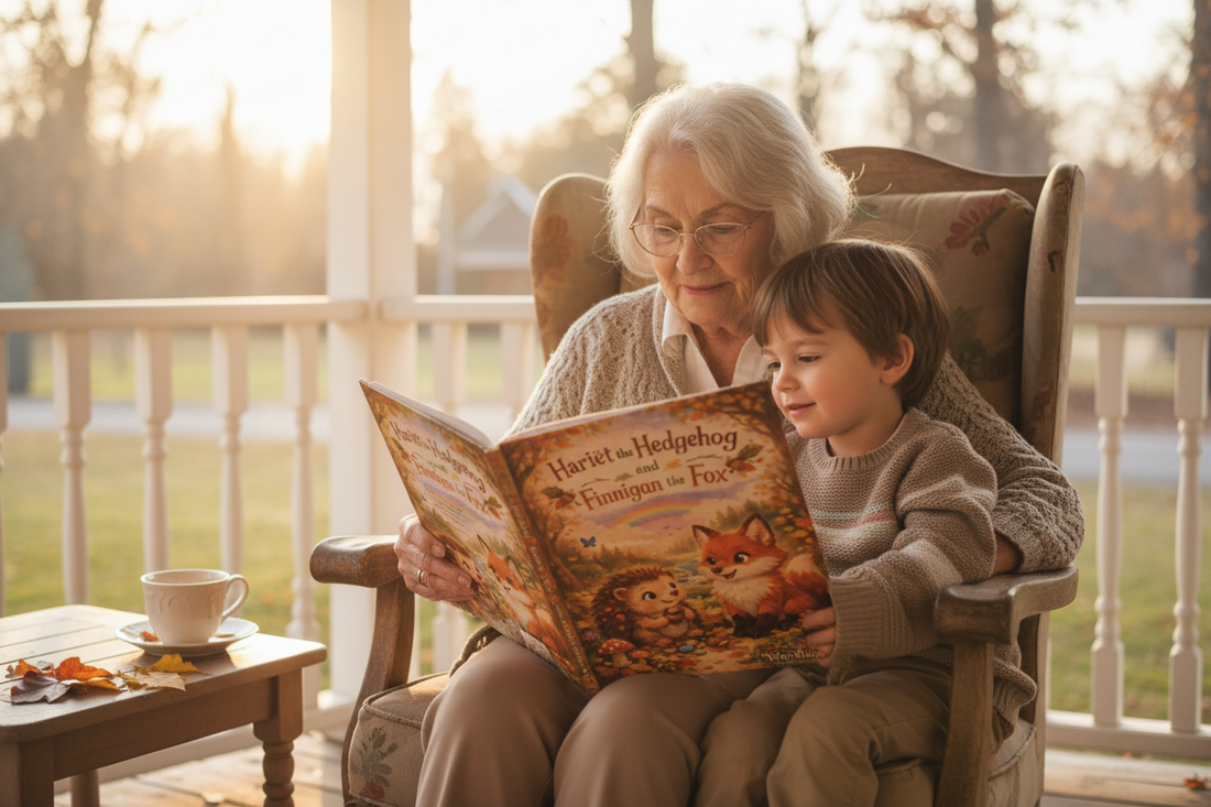 A grandparent reading Book 1: Hariet the Hedgehog and Finnigan the Fox to a grandchild