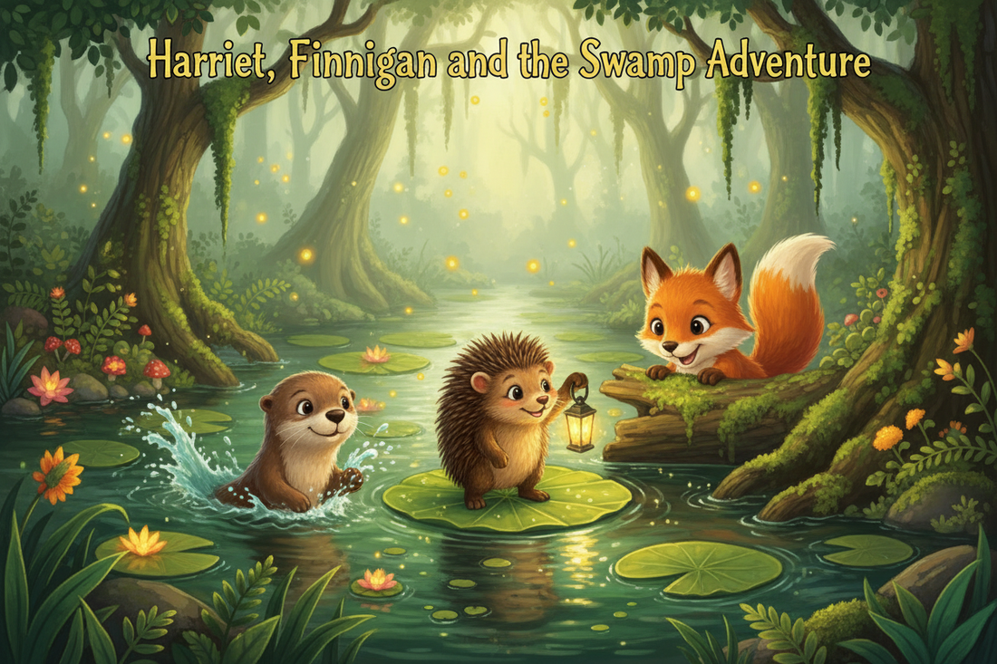 Harriet the hedgehog, Finnigan the fox, and their otter friend explore a magical swamp together in a vibrant children's book illustration