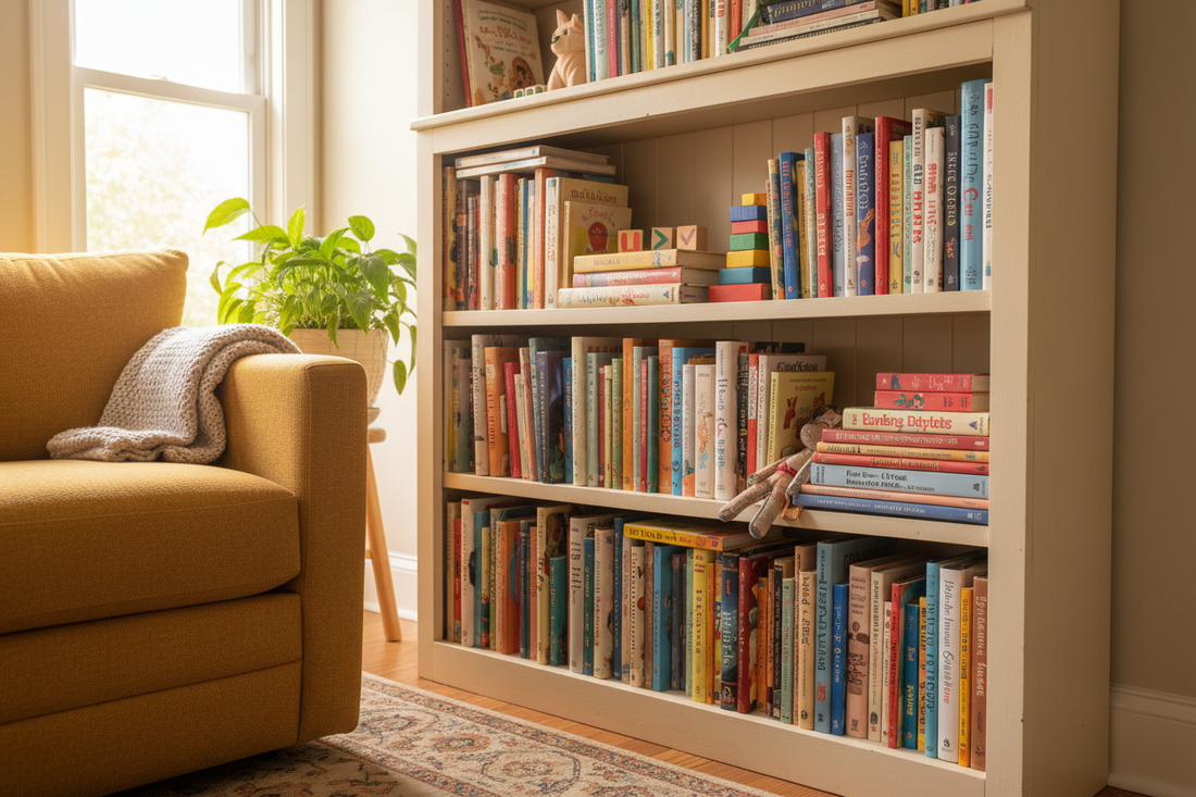 A warm home bookshelf filled with colorful, well-loved children's books