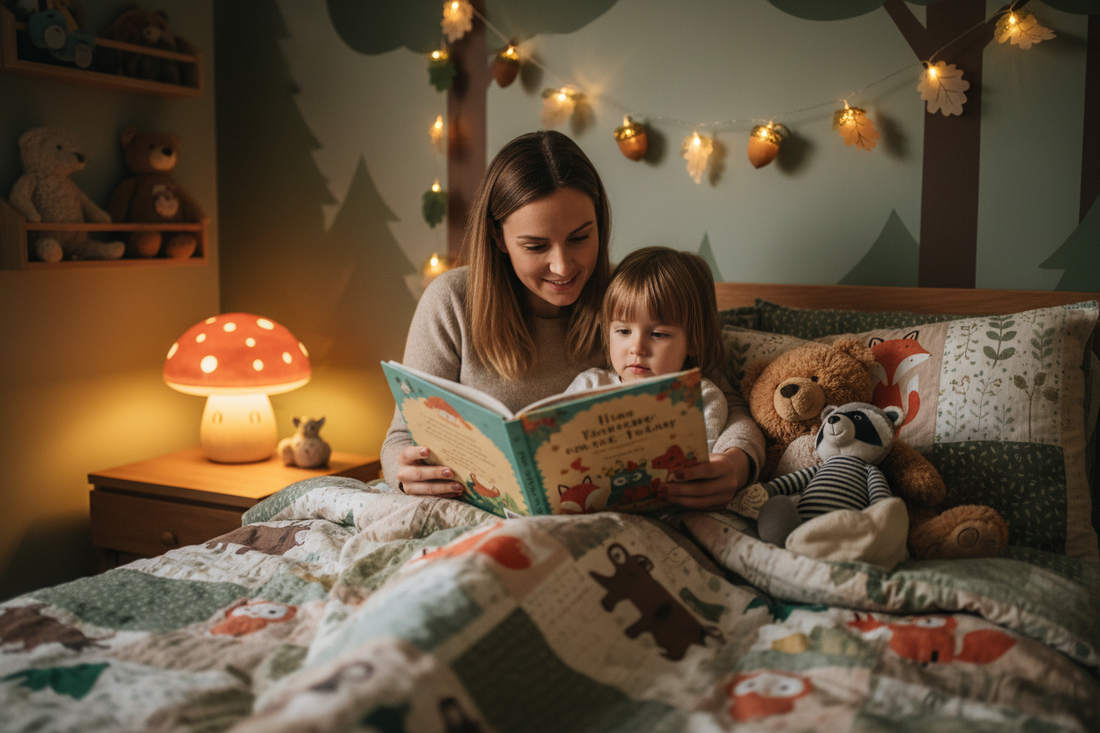 Parent reading a woodland children's book to a young child tucked up in bed in a cosy lamp-lit bedroom with soft animal toys