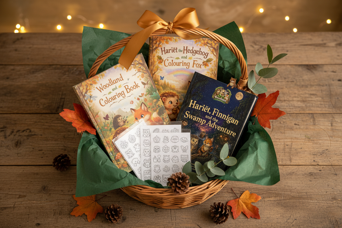A cozy woodland-themed children's gift basket containing Hariët the Hedgehog and Finnigan the Fox books, a colouring book, sticker sheets, and colouring pages, decorated with pine cones, eucalyptus, and a gold ribbon on a rustic wooden surface