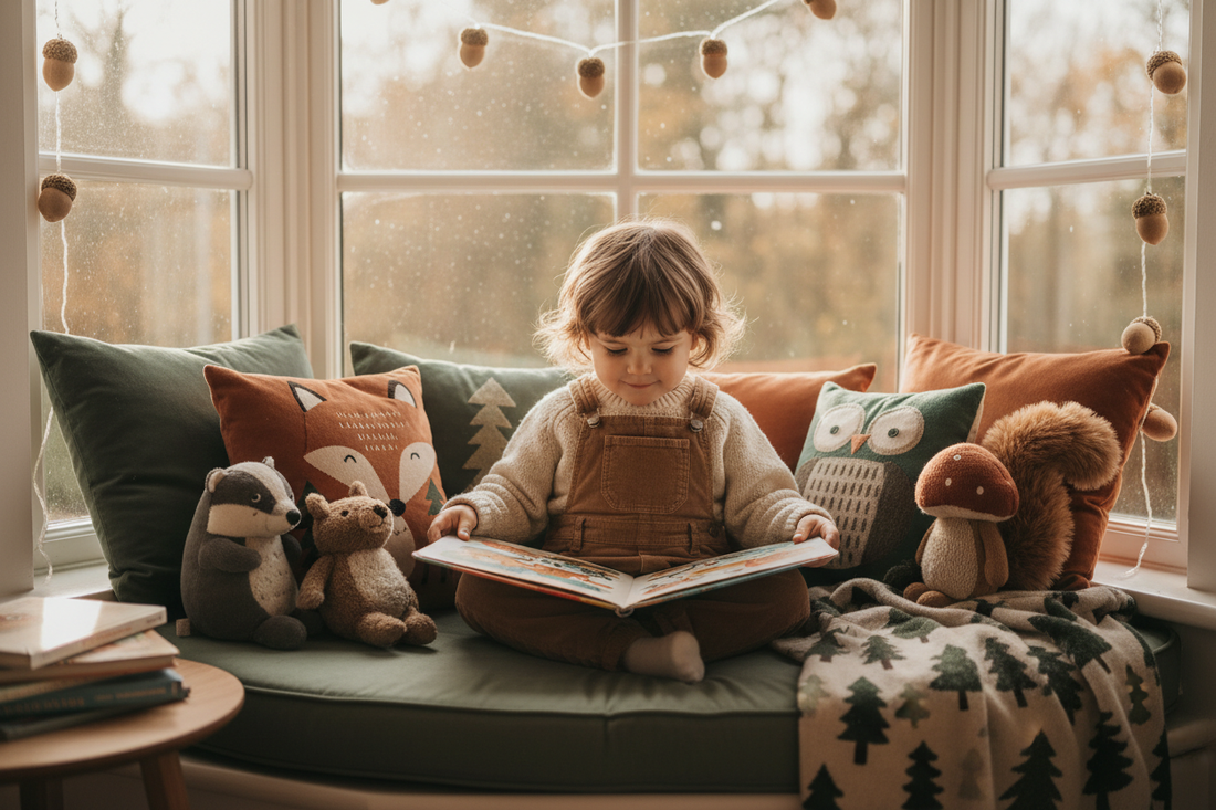 Young child sitting independently in a cosy reading nook absorbed in a picture book with woodland-themed cushions and soft toys nearby