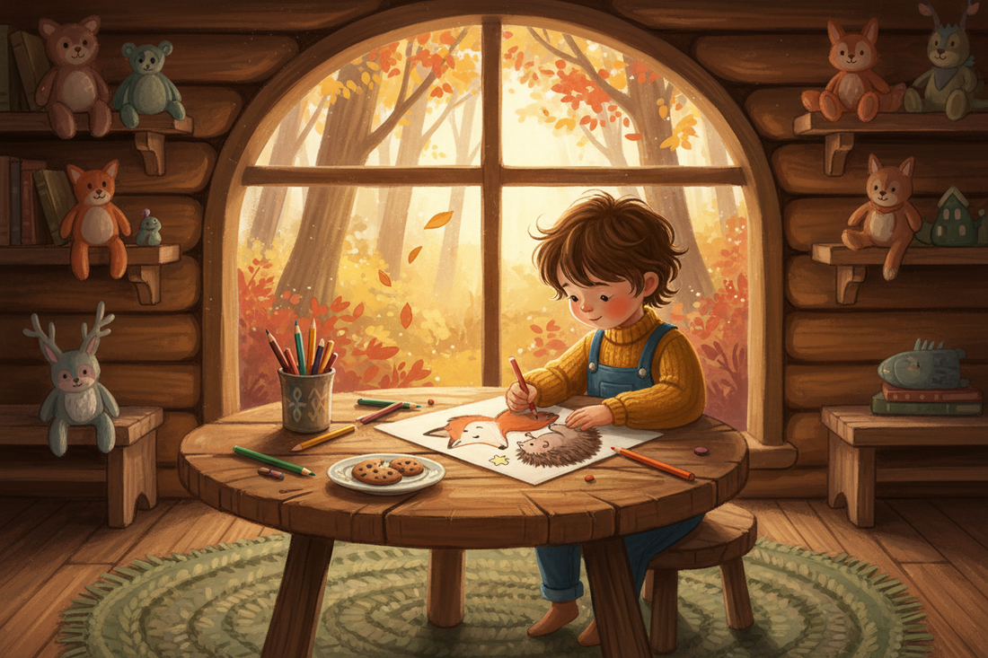 A young child happily coloring woodland animal pages at a wooden table, with colored pencils and autumn leaves in a cozy, sunlit setting.
