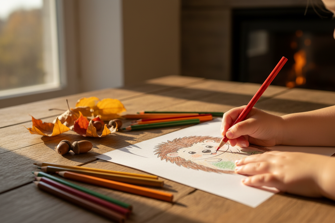 A child's hands colouring a woodland hedgehog drawing with coloured pencils on a warm wooden table, surrounded by autumn leaves and acorns