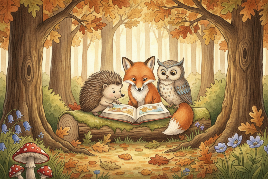 Illustrated woodland animals — a hedgehog, fox, and owl — reading a storybook together in a sunlit forest clearing, surrounded by autumn leaves and wildflowers