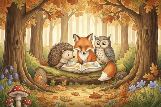 Illustrated woodland animals — a hedgehog, fox, and owl — reading a storybook together in a sunlit forest clearing, surrounded by autumn leaves and wildflowers