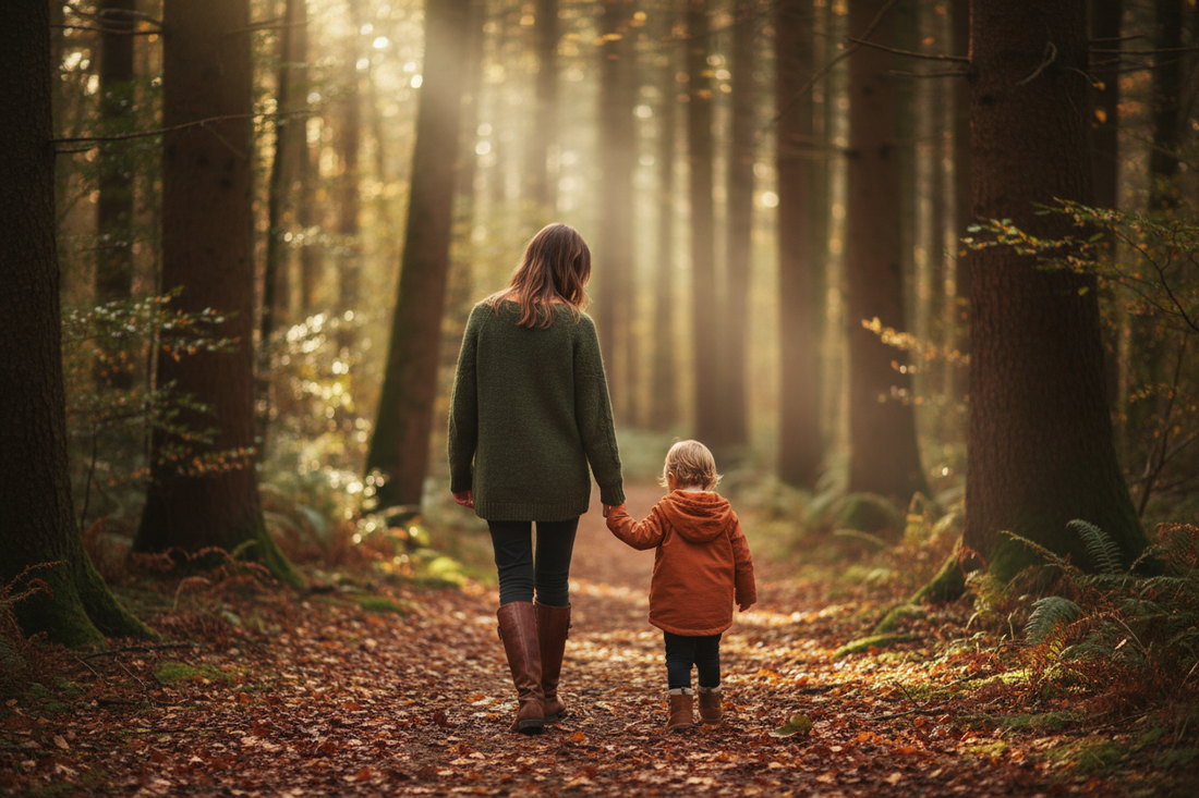 Parent and child walking hand-in-hand through a sunlit woodland forest, child looking down at autumn leaves with wonder
