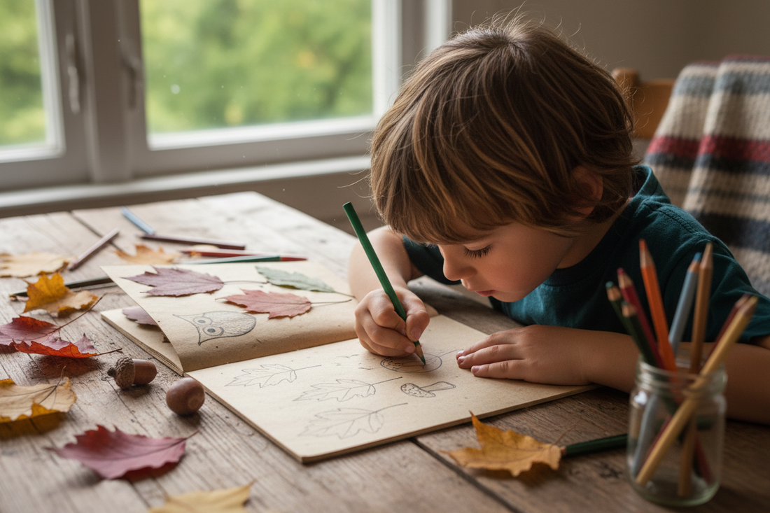 A child writing and drawing in a nature-themed journal with leaves and colored pencils nearby