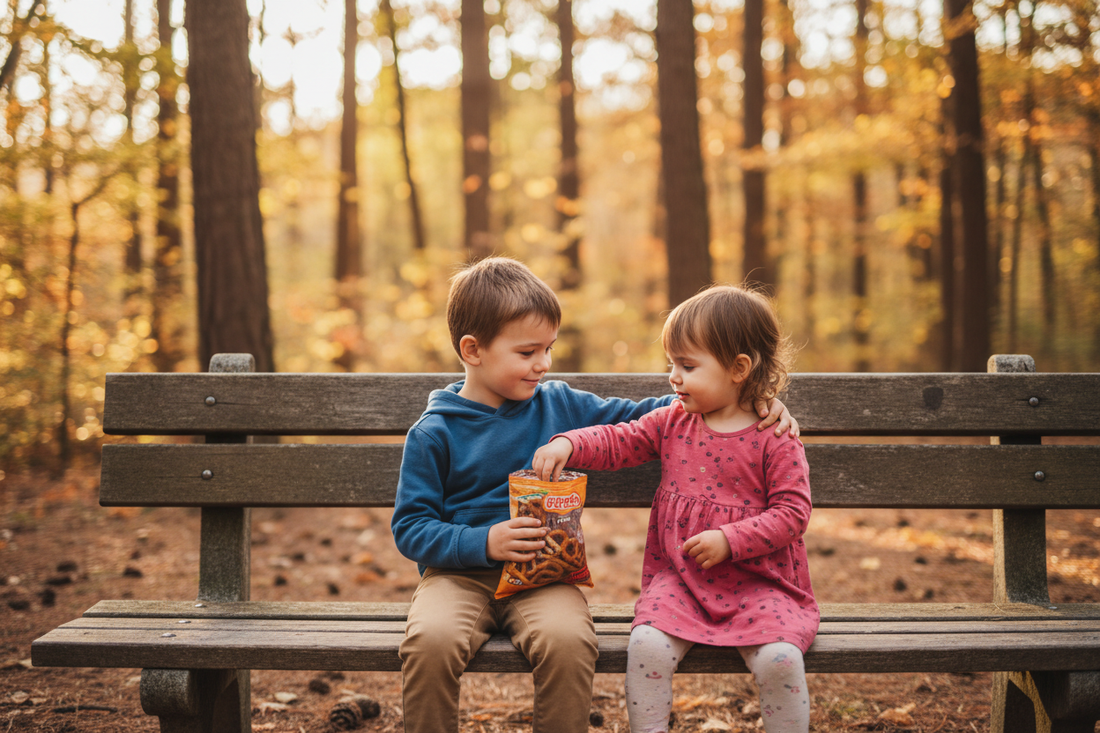 Two children sharing a snack and helping each other on a park bench in a forest setting