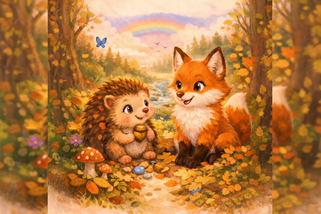 Hariët the Hedgehog and Finnigan the Fox sitting together in a golden autumn woodland, characters from the Woodland Wonder Tales children's book series