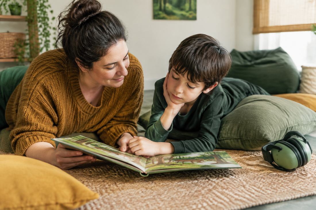 Parent and child sharing a woodland picture book in a calm sensory-friendly reading space