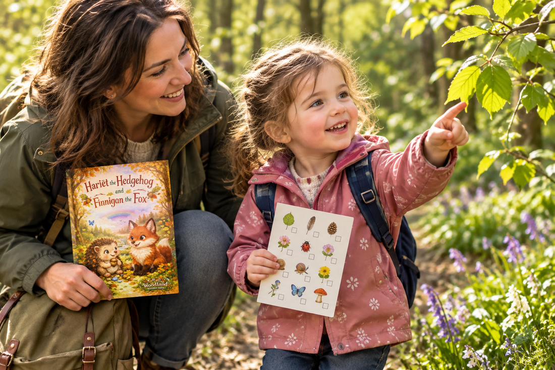 Young child and parent exploring a leafy woodland path together with a nature scavenger-hunt checklist.
