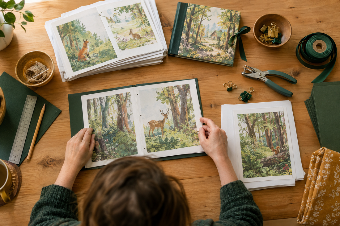 Printed woodland storybook pages being assembled and bound at a home craft table