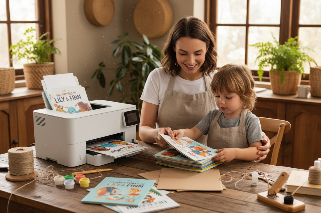 A home printer producing pages of a children's storybook with a parent and child nearby