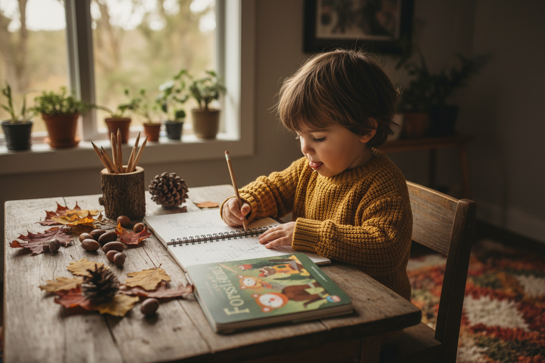 A young child writing a story in a notebook at a wooden desk, surrounded by autumn leaves, acorns and an open children's book in warm afternoon light