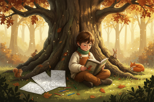 Child reading a storybook under a woodland oak tree with printable coloring pages spread on the grass beside them