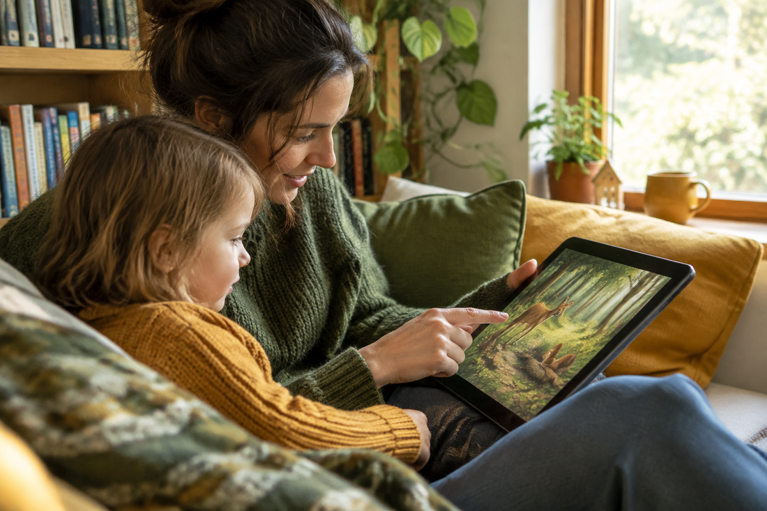 Parent and young child reading a digital woodland picture book together on a tablet