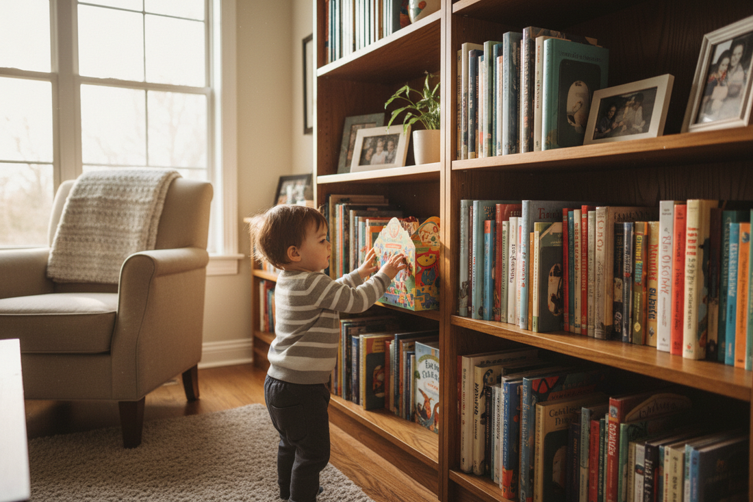 A family bookshelf with a growing collection of children's storybooks and a small child reaching for a book