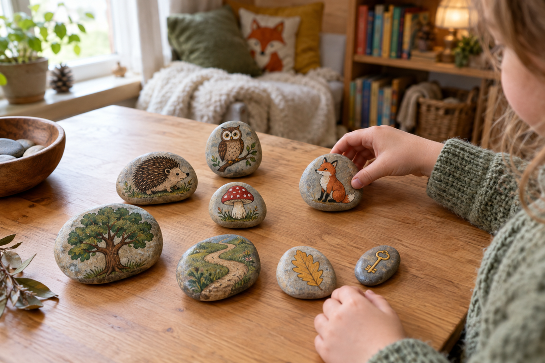 Young child arranging hand-painted woodland animal story stones on a wooden table during a creative storytelling activity.