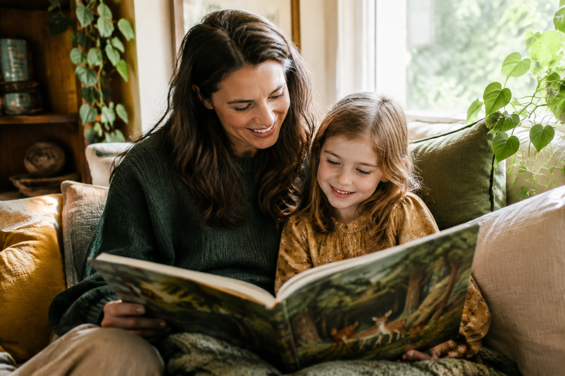 Parent and child sharing a woodland storybook in a cosy sunlit reading corner