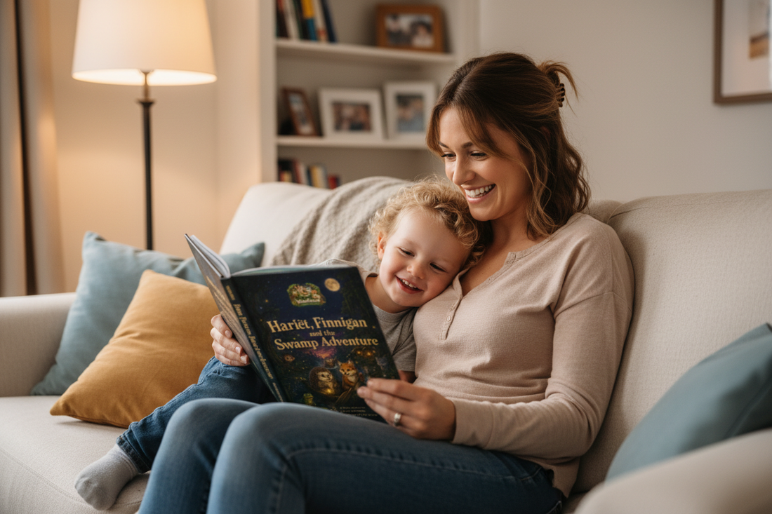 A parent and toddler reading Book 2: Hariet, Finnigan, and the Swamp Adventure together