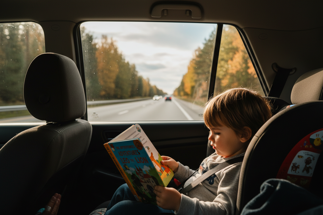 A child in a car seat reading a printed storybook during a family road trip