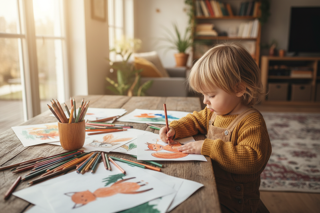 Young child sitting at a wooden table colouring woodland animal characters with crayons and coloured pencils in warm natural window light"