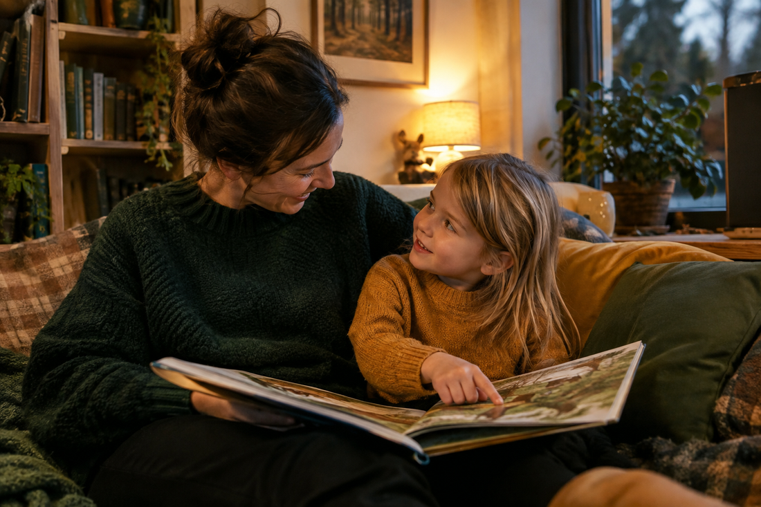 Parent and child talking together about a woodland picture book after story time