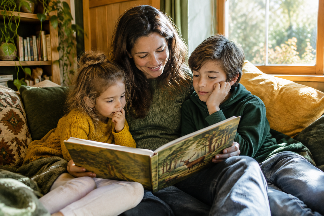 Parent reading a woodland picture book with siblings of different ages